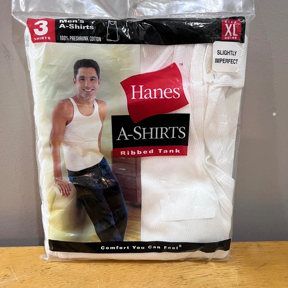 Vtg 2000 Hanes Mens A-Shirts 3 Pack White Ribbed‎ Tank Tops XL Deadstock Y2K